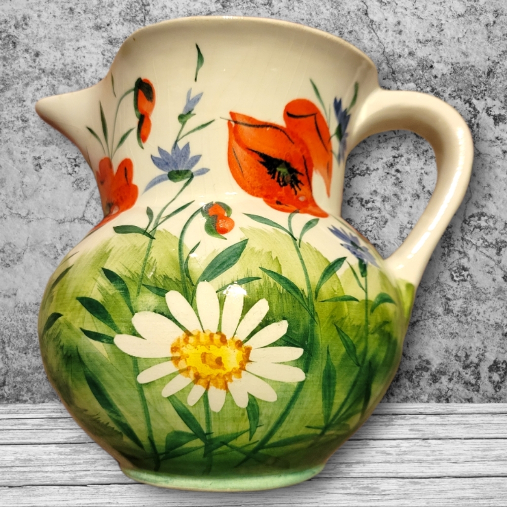 HOST PICK 😀 Vtg Pitcher Made In Italy Hand Painted Poppy Daisy Ceramic #1167